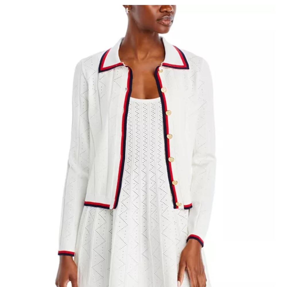Aqua White Knit Cardigan with Red and Navy Contrast Trim